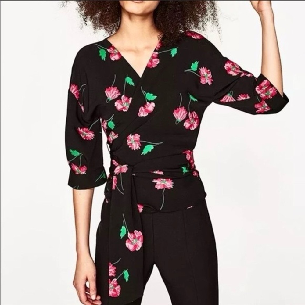 Zara Wrap Blouse Top Black Pink Floral 3/4 Sleeve V-neck Tie Waist Size Medium